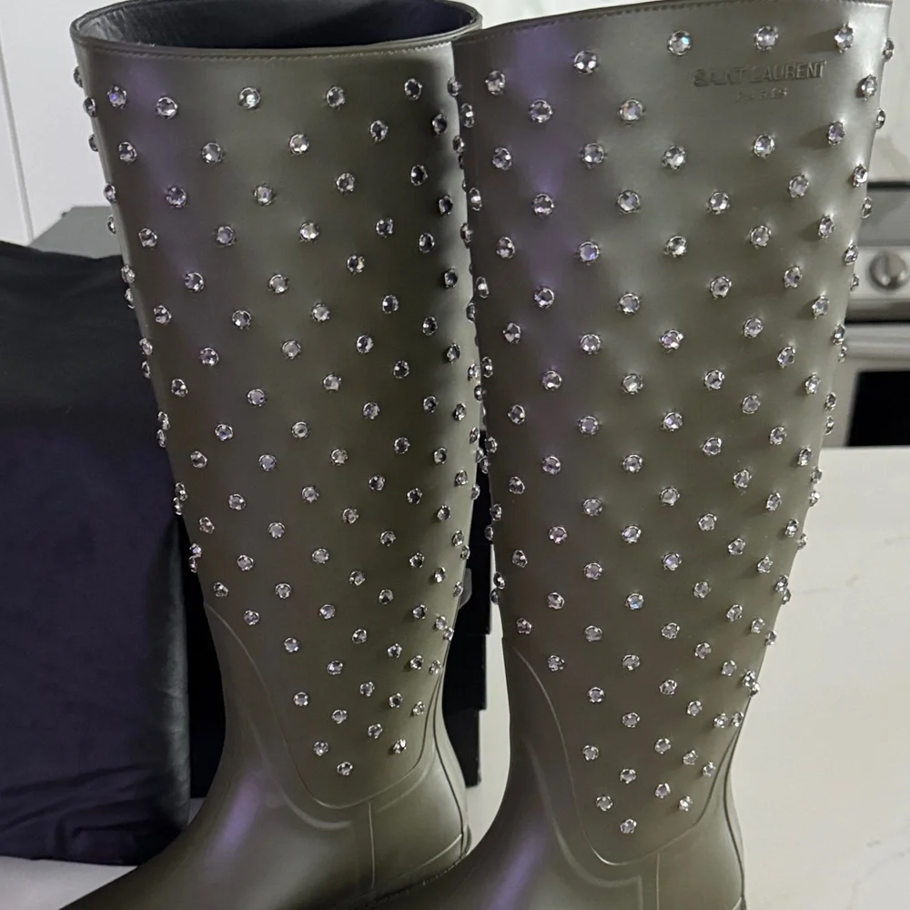 SAINT LAURENT Olive Rubber Crystal Rain Boots EUR 37 US 7